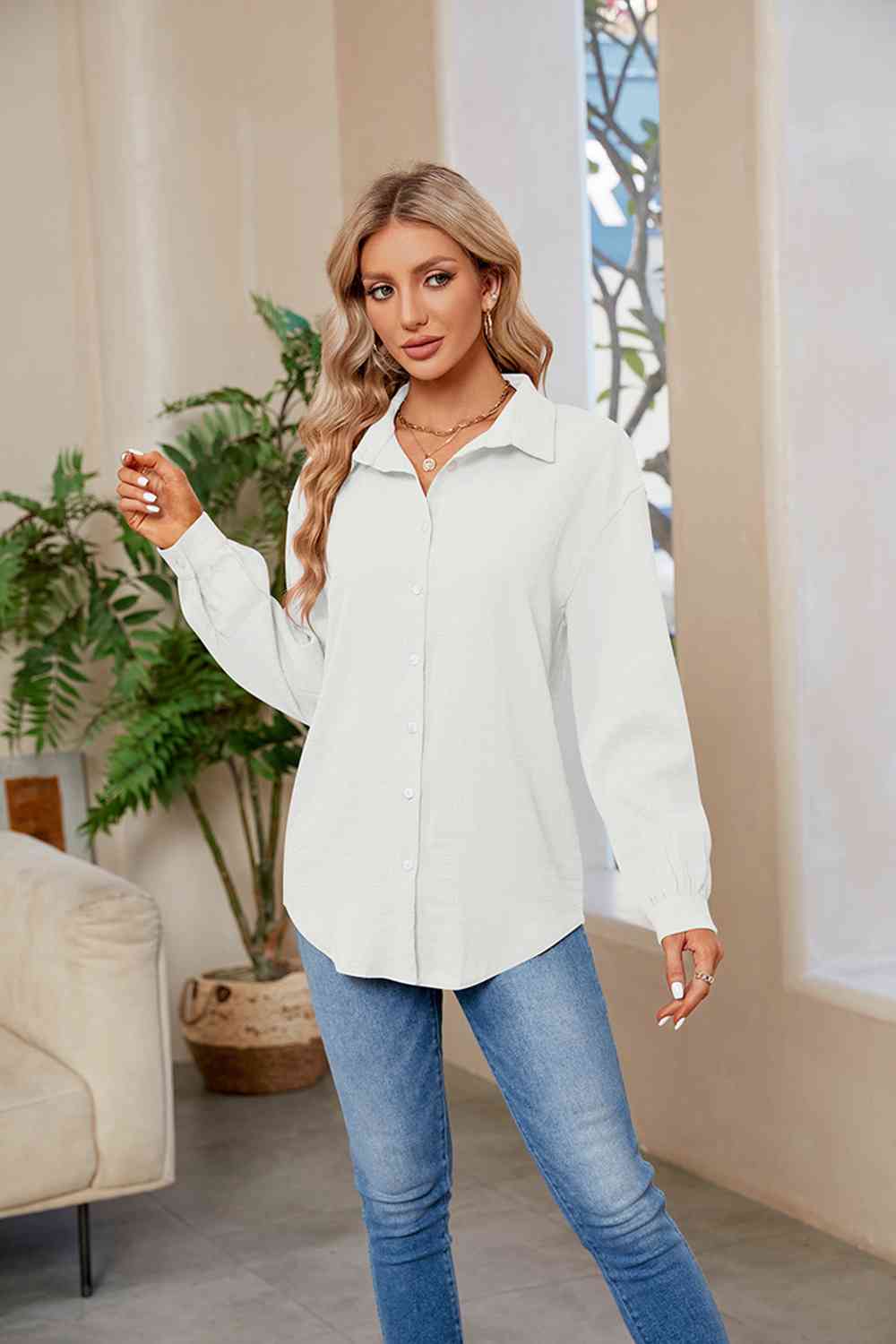 Collared Neck Buttoned Long Sleeve Shirt - TRENDMELO