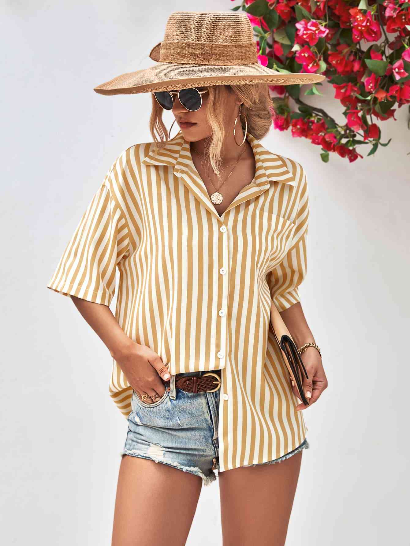 Striped Dropped Shoulder Half Sleeve Shirt - TRENDMELO