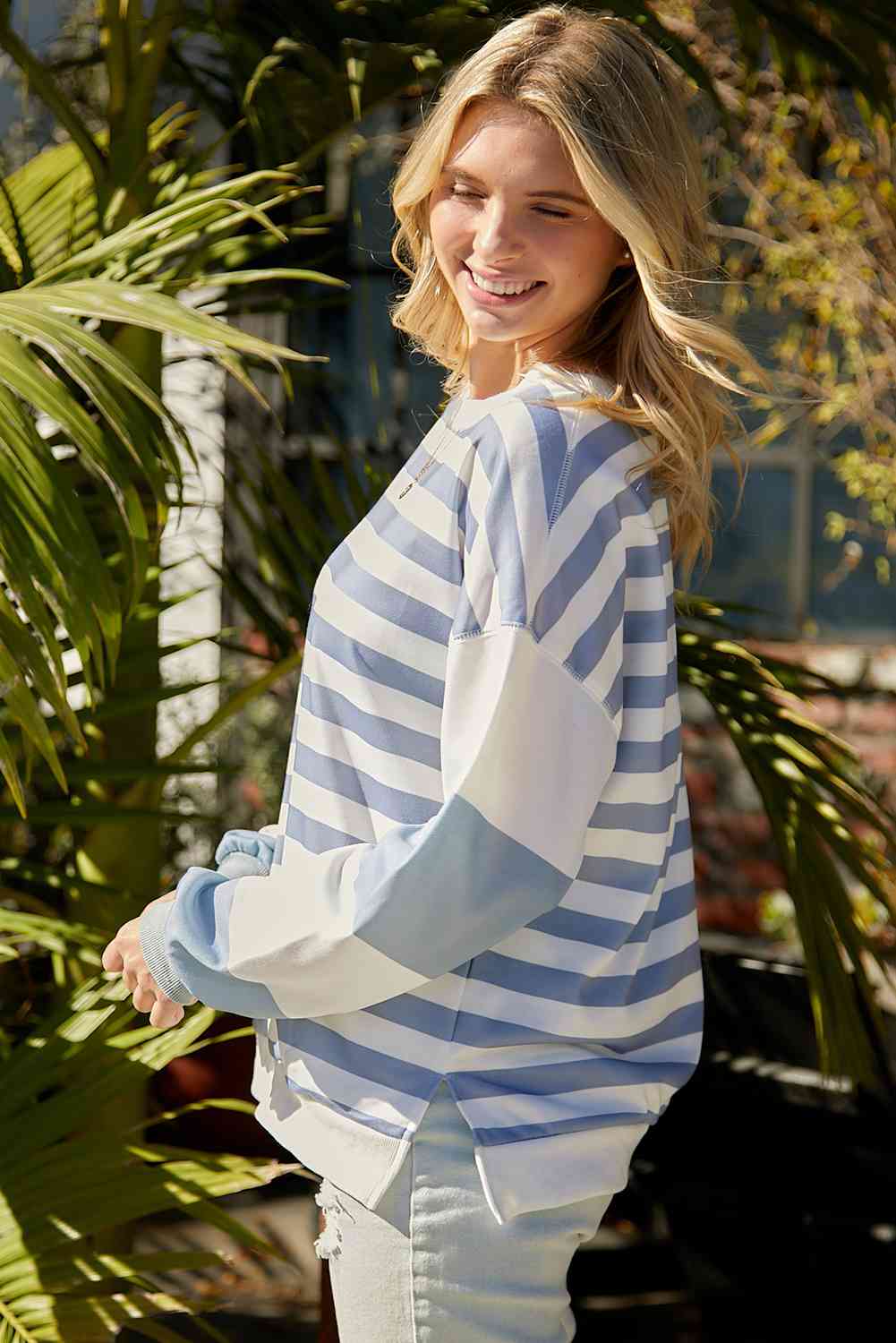 Striped Dropped Shoulder Sweatshirt - TRENDMELO