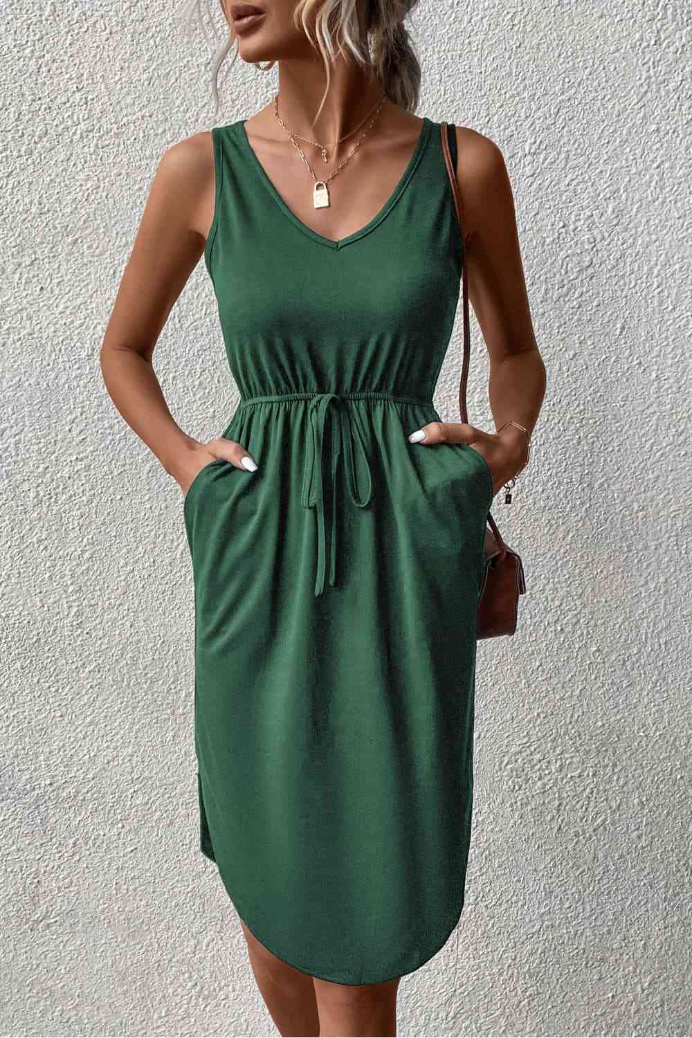 V-Neck Curved Hem Sleeveless Dress - TRENDMELO