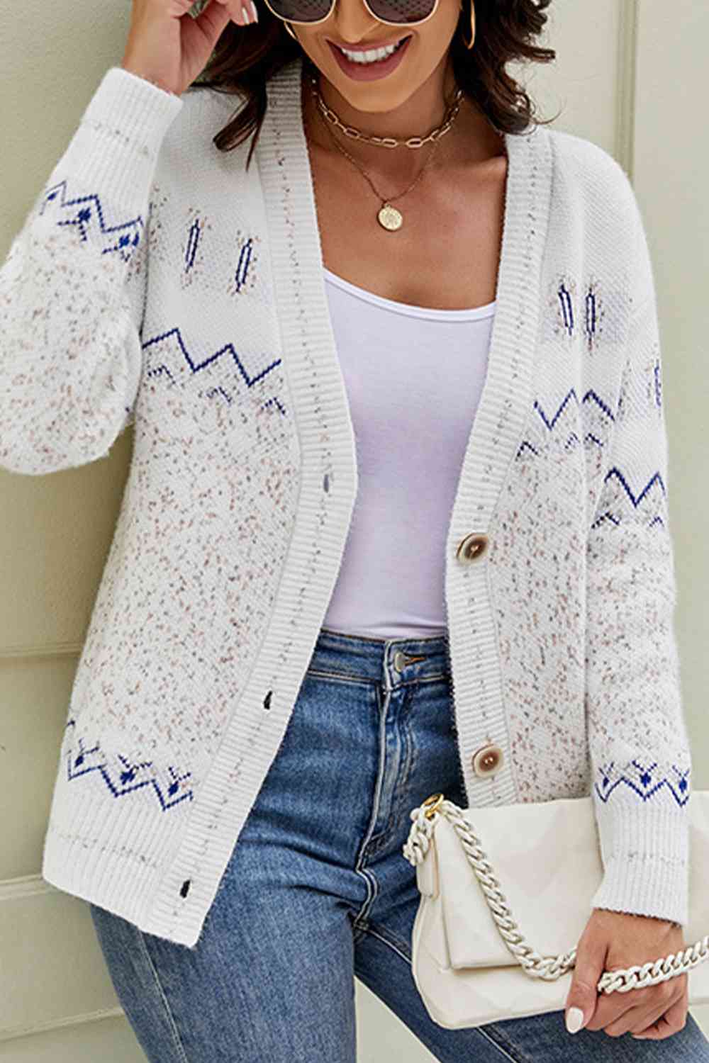 Printed V-Neck Buttoned Cardigan - TRENDMELO