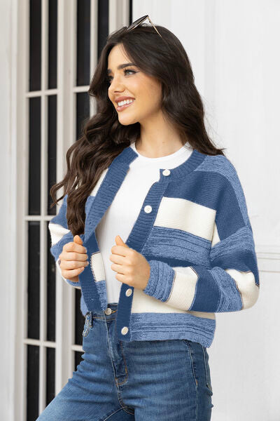 Striped Button Up Long Sleeve Cardigan - TRENDMELO