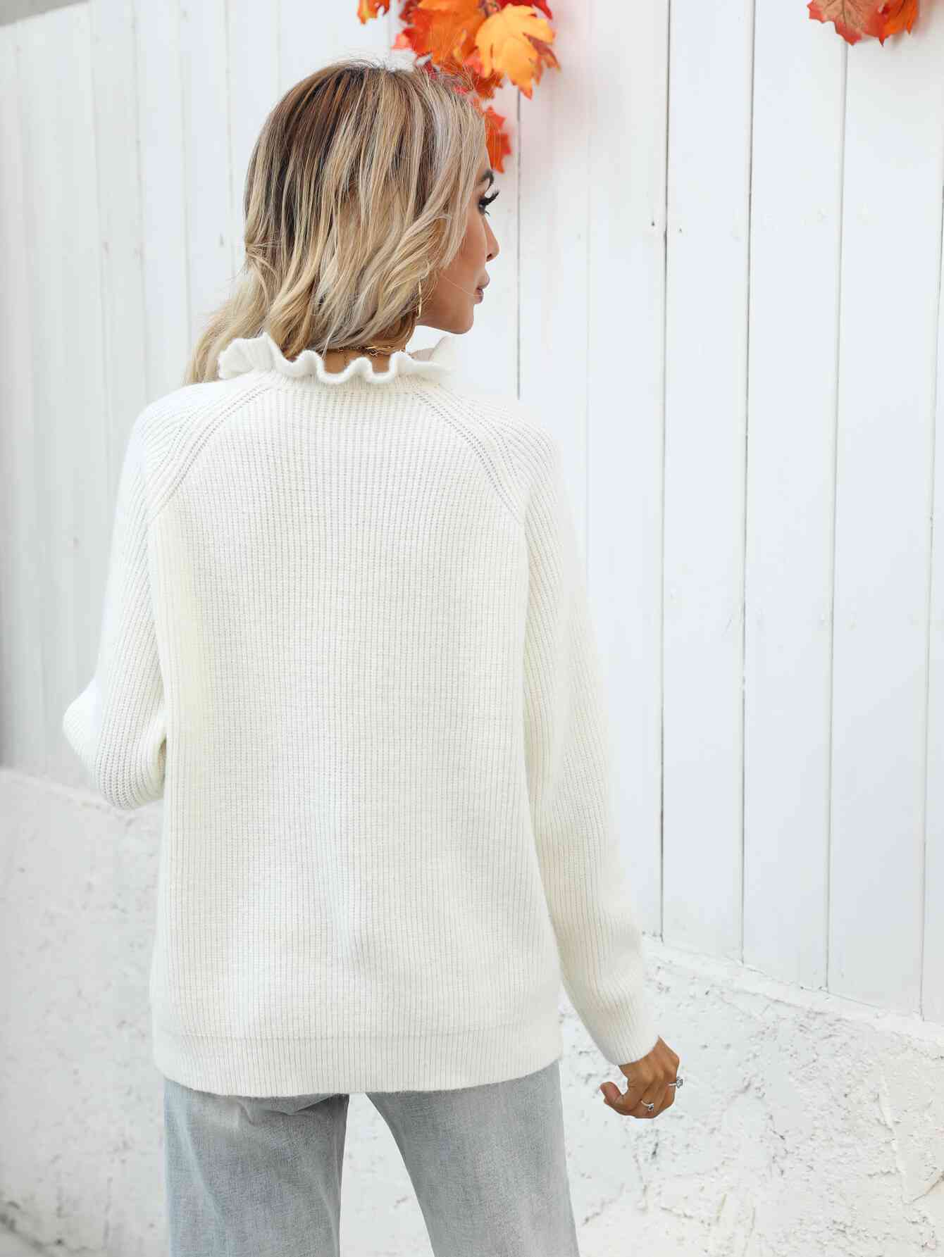 Button Detail Frill Neck Rib-Knit Sweater - TRENDMELO