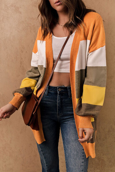 Color Block Lantern Sleeve Open Front Cardigan with Pockets - TRENDMELO