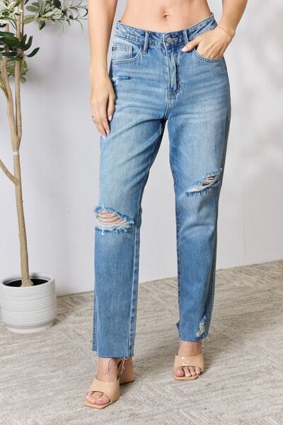 Judy Blue Full Size Distressed Raw Hem Straight Jeans - TRENDMELO