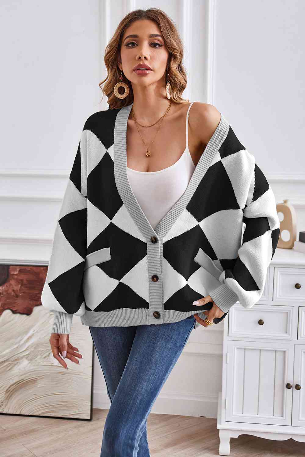 Geometric Lantern Sleeve Cardigan with Pockets - TRENDMELO