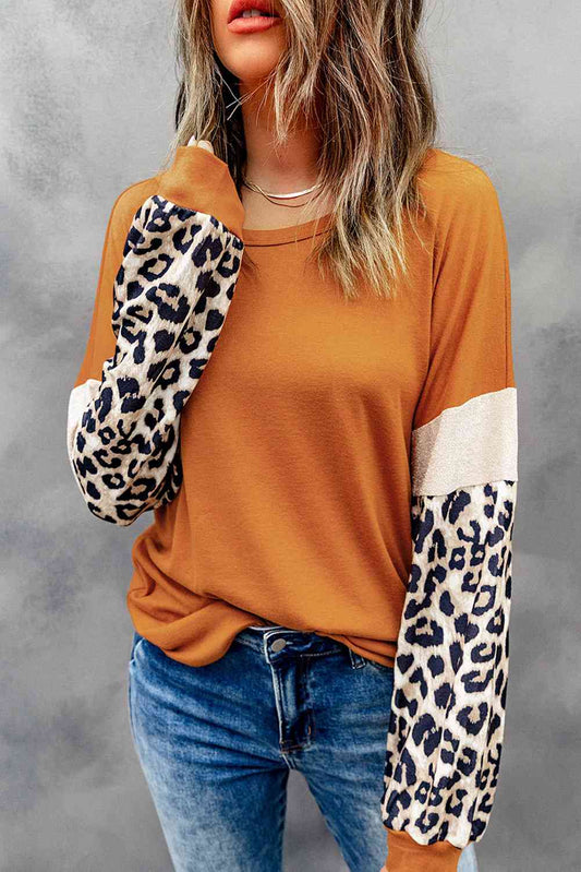 Leopard Long Sleeve Round Neck Sweatshirt - TRENDMELO