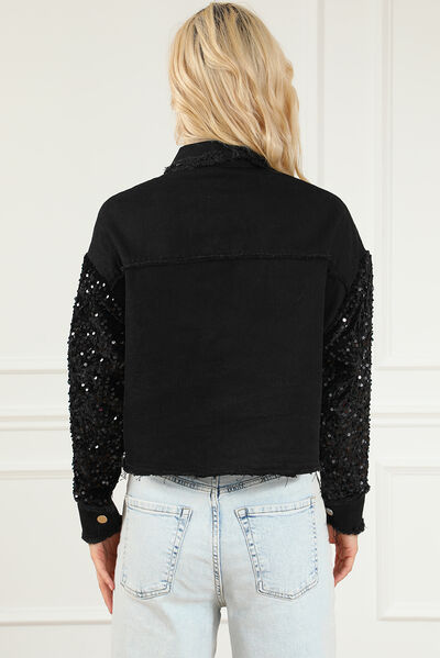 Sequin Button Up Raw Hem Denim Jacket - TRENDMELO