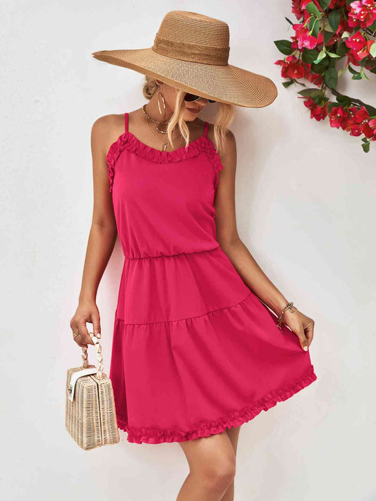 Frill Trim Spaghetti Strap Mini Dress - TRENDMELO