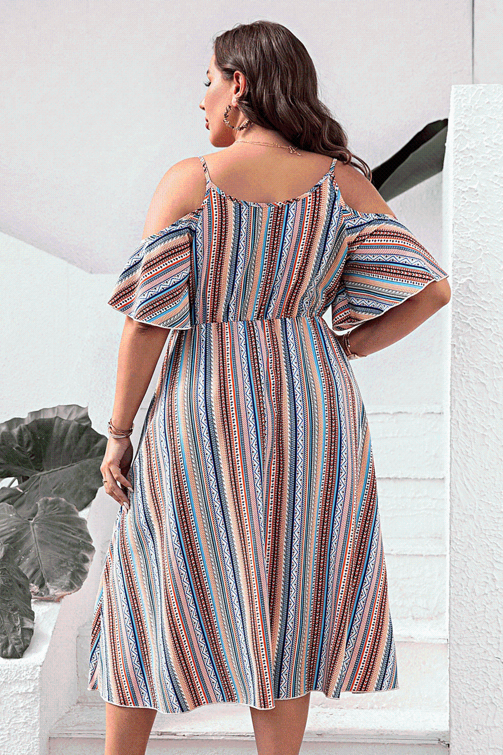 Plus Size Striped Cold-Shoulder Dress - TRENDMELO