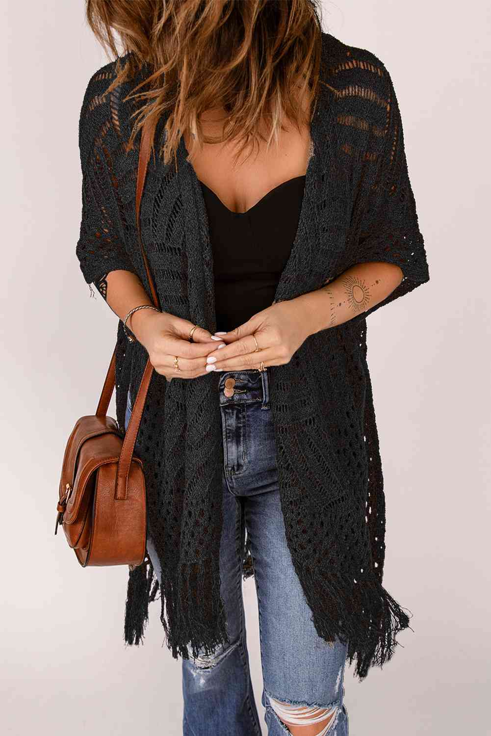 Fringe Hem Slit Open Front Cardigan - TRENDMELO