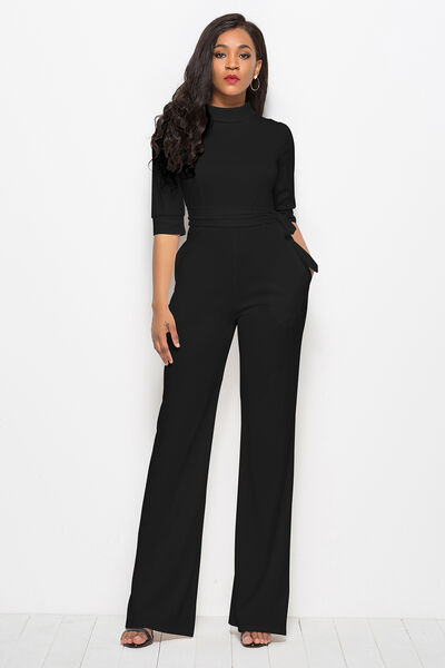 Mock Neck Tie-Waist Half Sleeve Jumpsuit - TRENDMELO