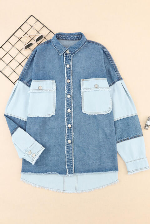 Raw Hem Button Up Denim Jacket with Breast Pockets - TRENDMELO