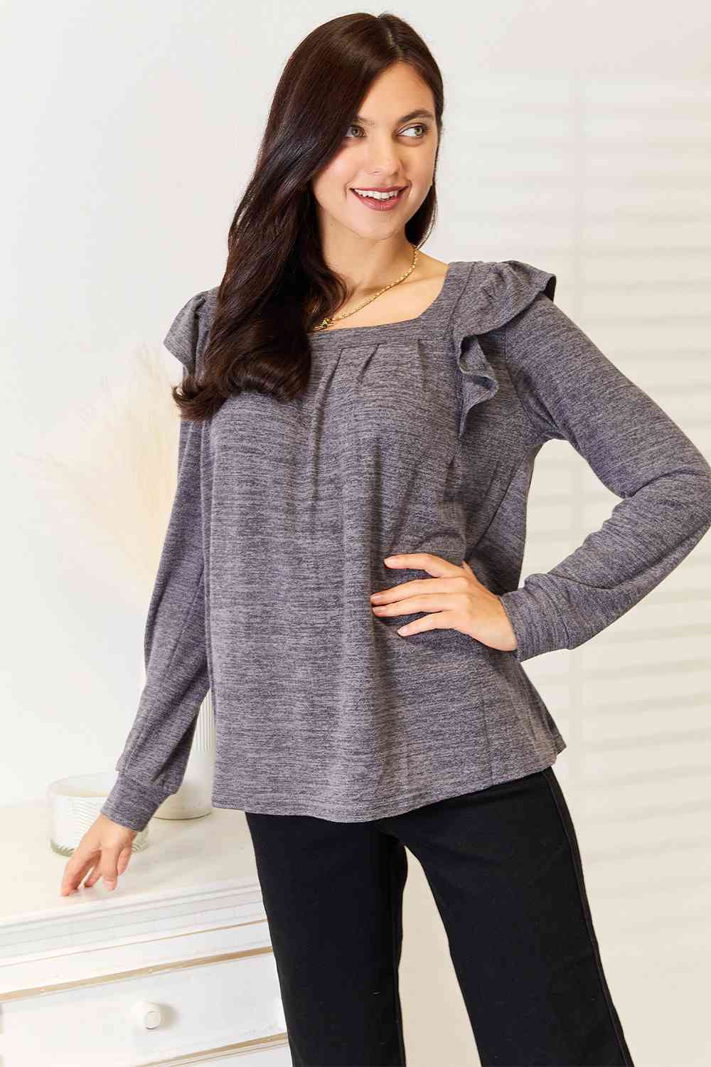 Double Take Square Neck Ruffle Shoulder Long Sleeve T-Shirt - TRENDMELO