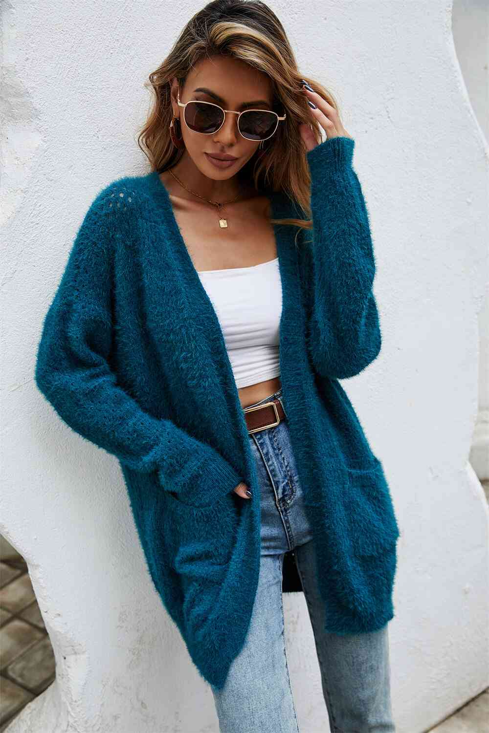 Open Front Openwork Fuzzy Cardigan with Pockets - TRENDMELO