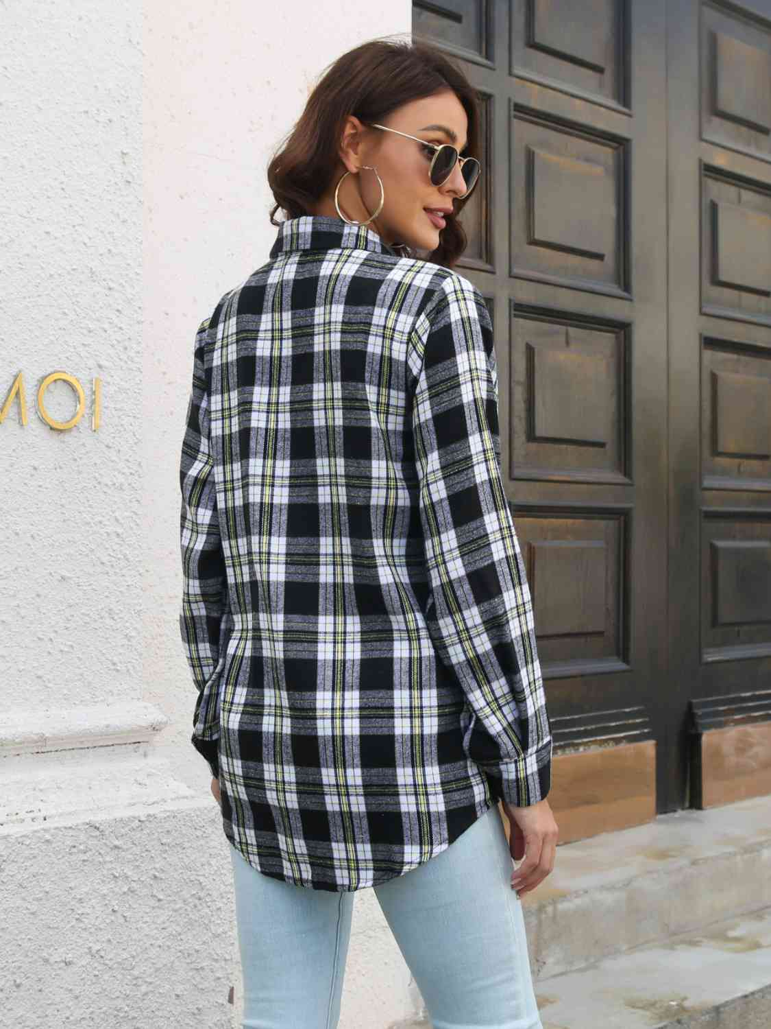 Plaid Collared Neck Buttoned Shirt with Pockets - TRENDMELO