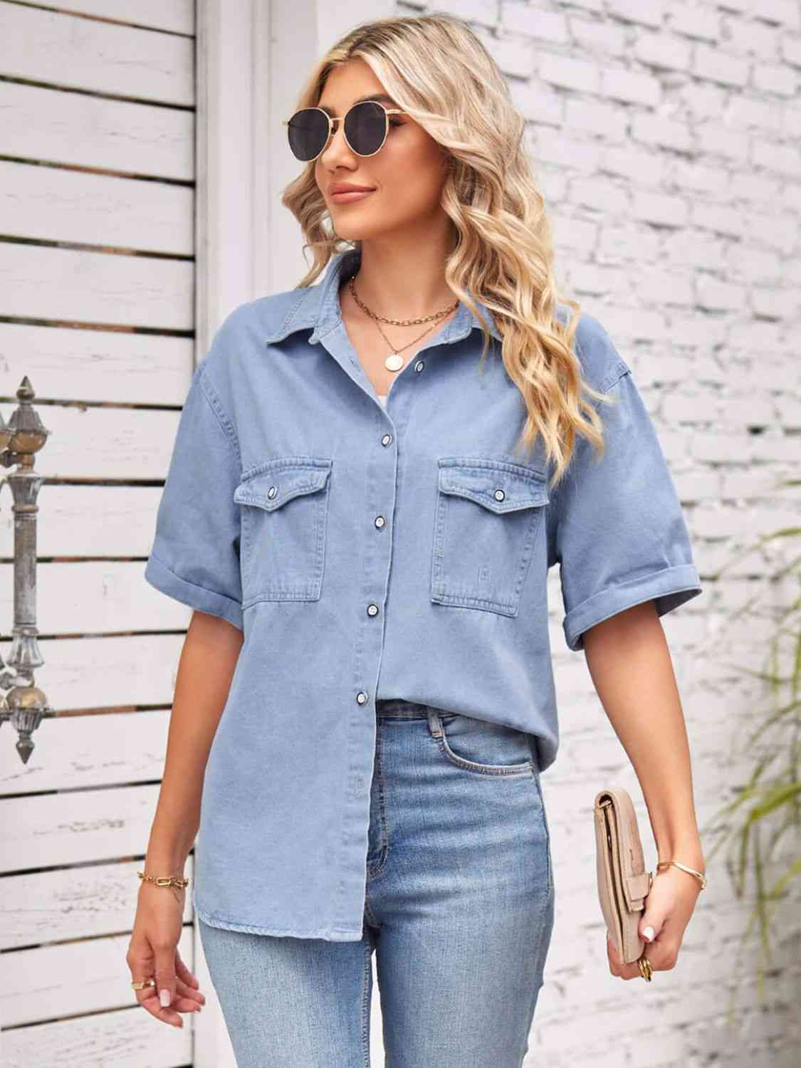 Collared Neck Short Sleeve Denim Jacket - TRENDMELO