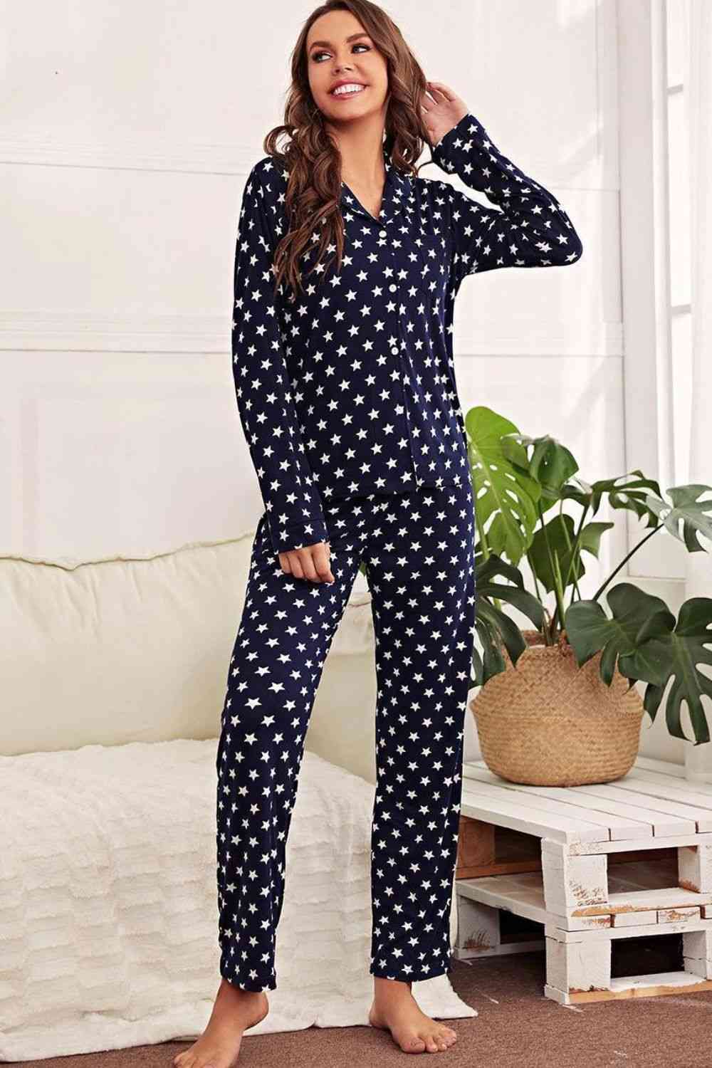 Star Print Button-Up Shirt and Pants Lounge Set - TRENDMELO