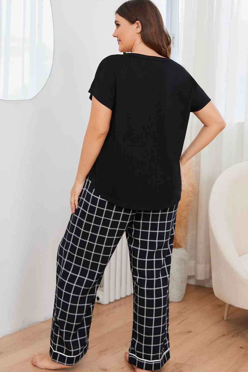 Plus Size V-Neck Top and Plaid Pants Lounge Set - TRENDMELO