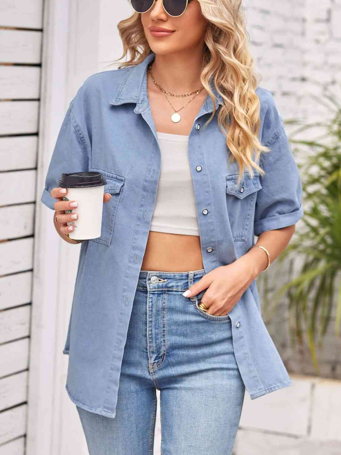 Collared Neck Short Sleeve Denim Jacket - TRENDMELO