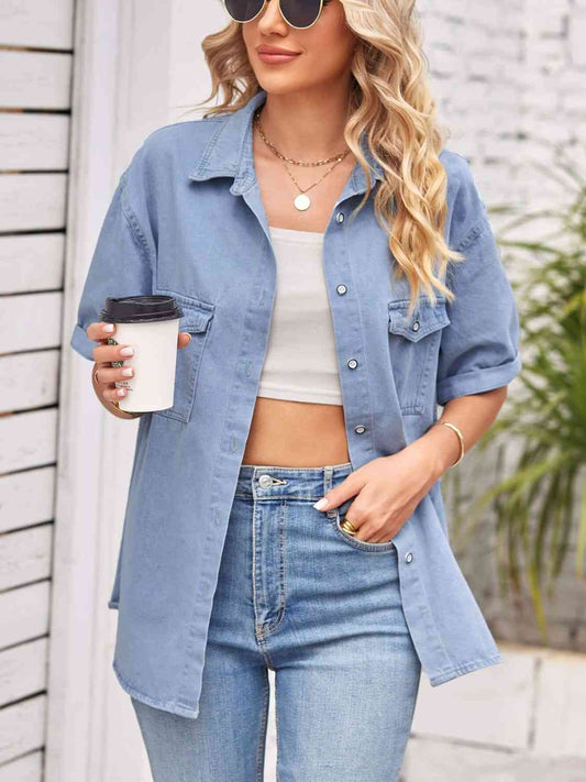 Collared Neck Short Sleeve Denim Jacket - TRENDMELO