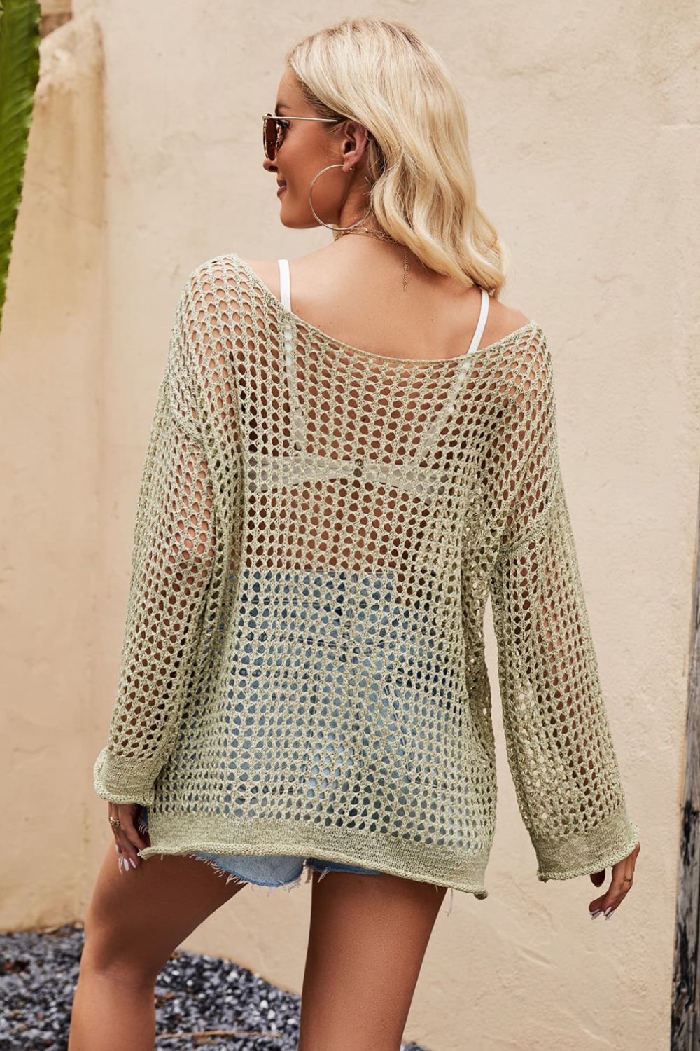 Openwork Round Neck Long Sleeve Cover Up - TRENDMELO
