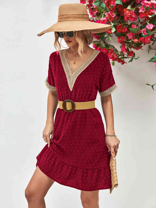 Contrast V-Neck Short Sleeve Mini Dress - TRENDMELO