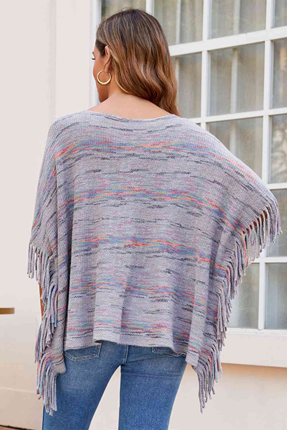 Round Neck Fringe Detail Sleeve Poncho - TRENDMELO