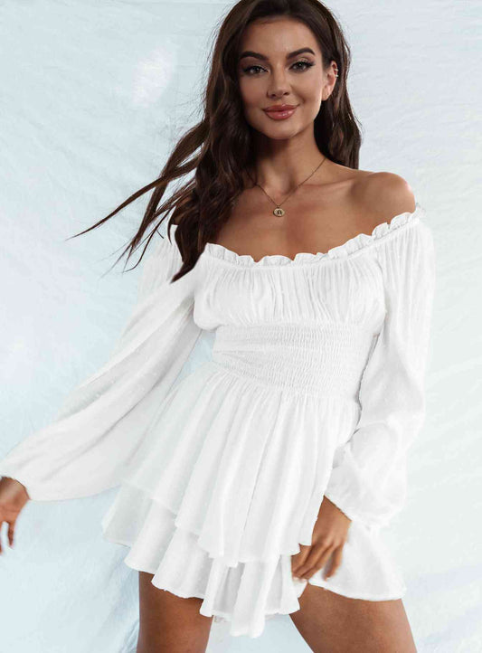 Off Shoulder Smocked Waist Romper - TRENDMELO