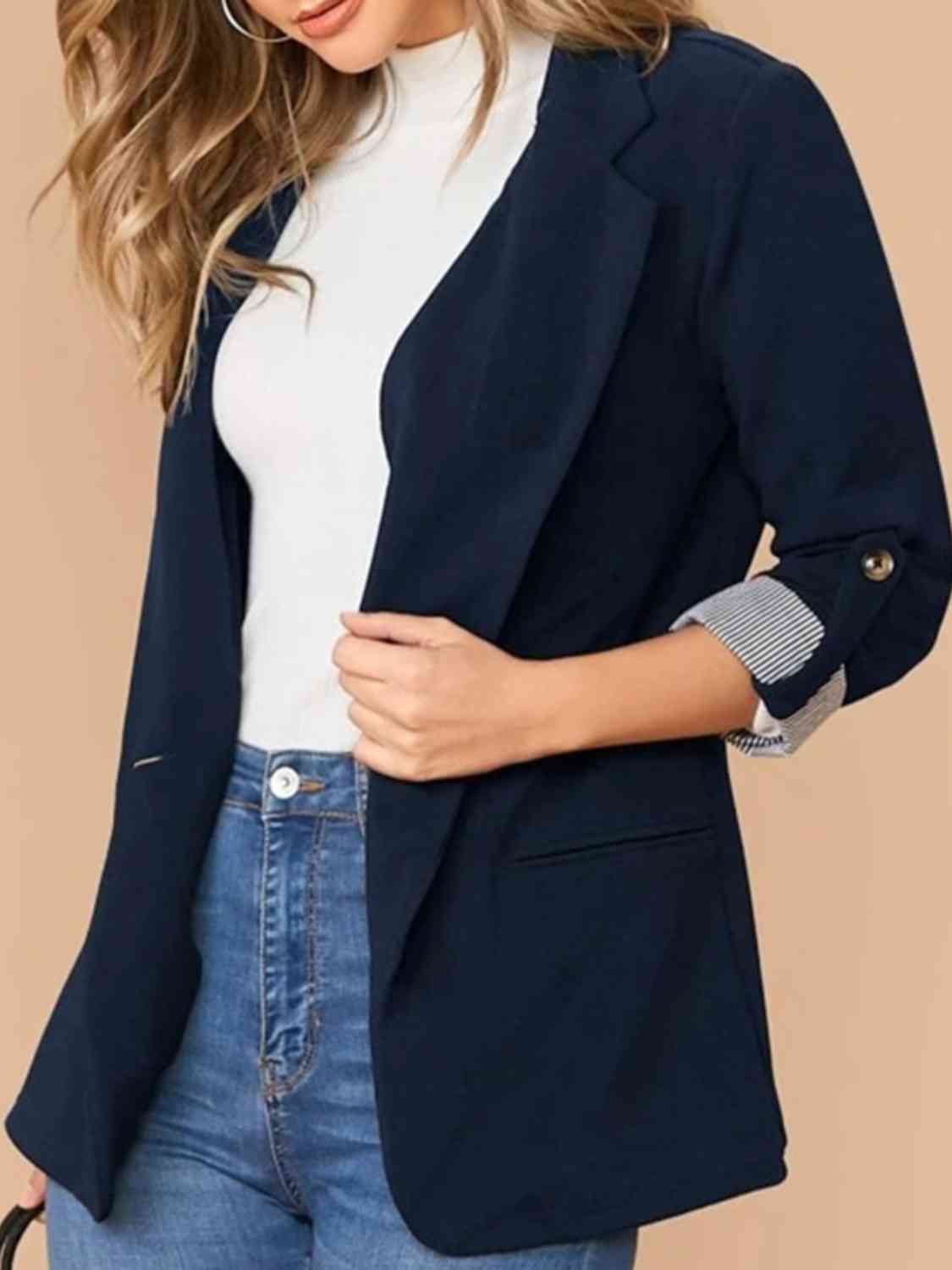 Lapel Collar Roll-Tab Sleeve Blazer - TRENDMELO