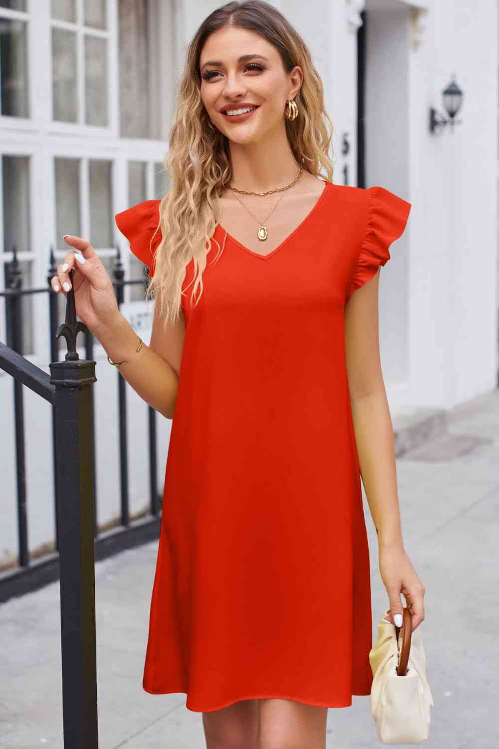 Ruffled V-Neck Flutter Sleeve Dress - TRENDMELO