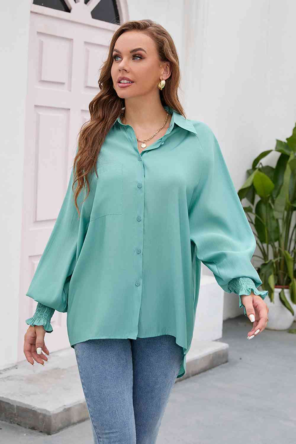 High-Low Collared Neck Lantern Sleeve Shirt - TRENDMELO