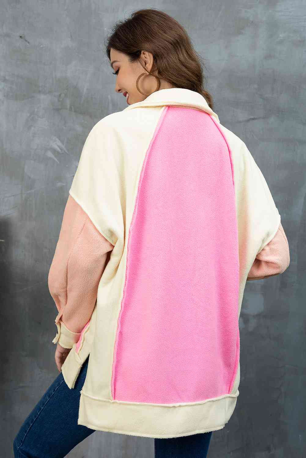 Color Block Collared Slit Jacket - TRENDMELO