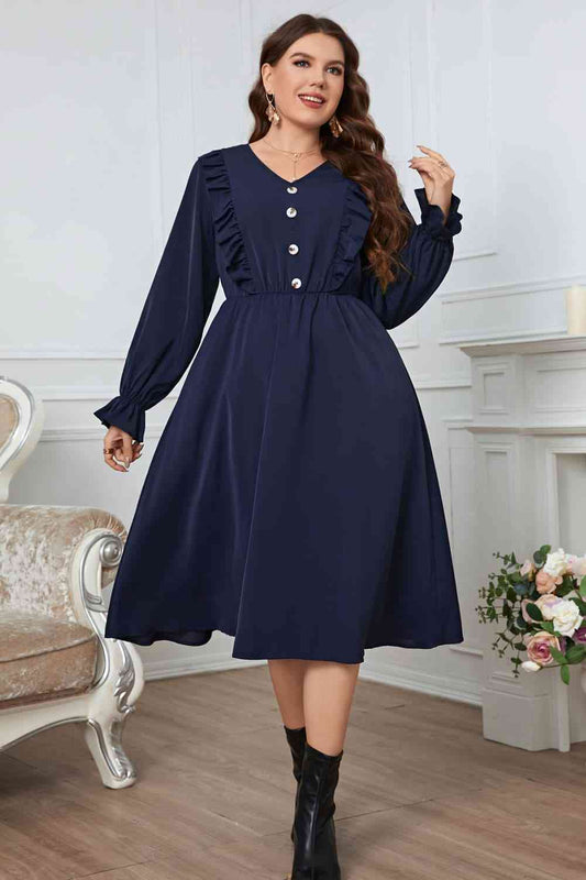 Melo Apparel Plus Size V-Neck Buttoned Flounce Sleeve Dress - TRENDMELO