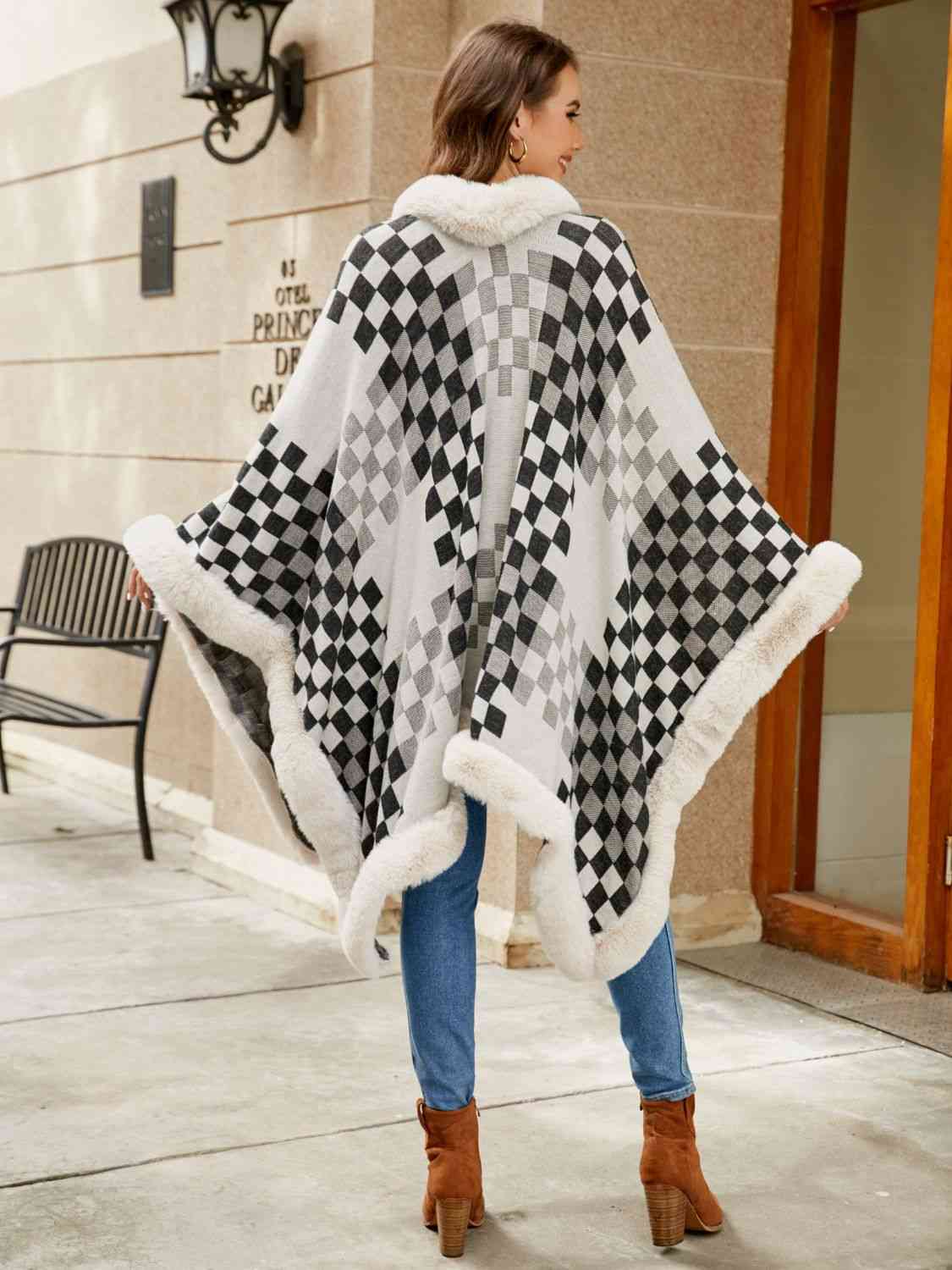 Checkered Faux Fur Trim Poncho - TRENDMELO