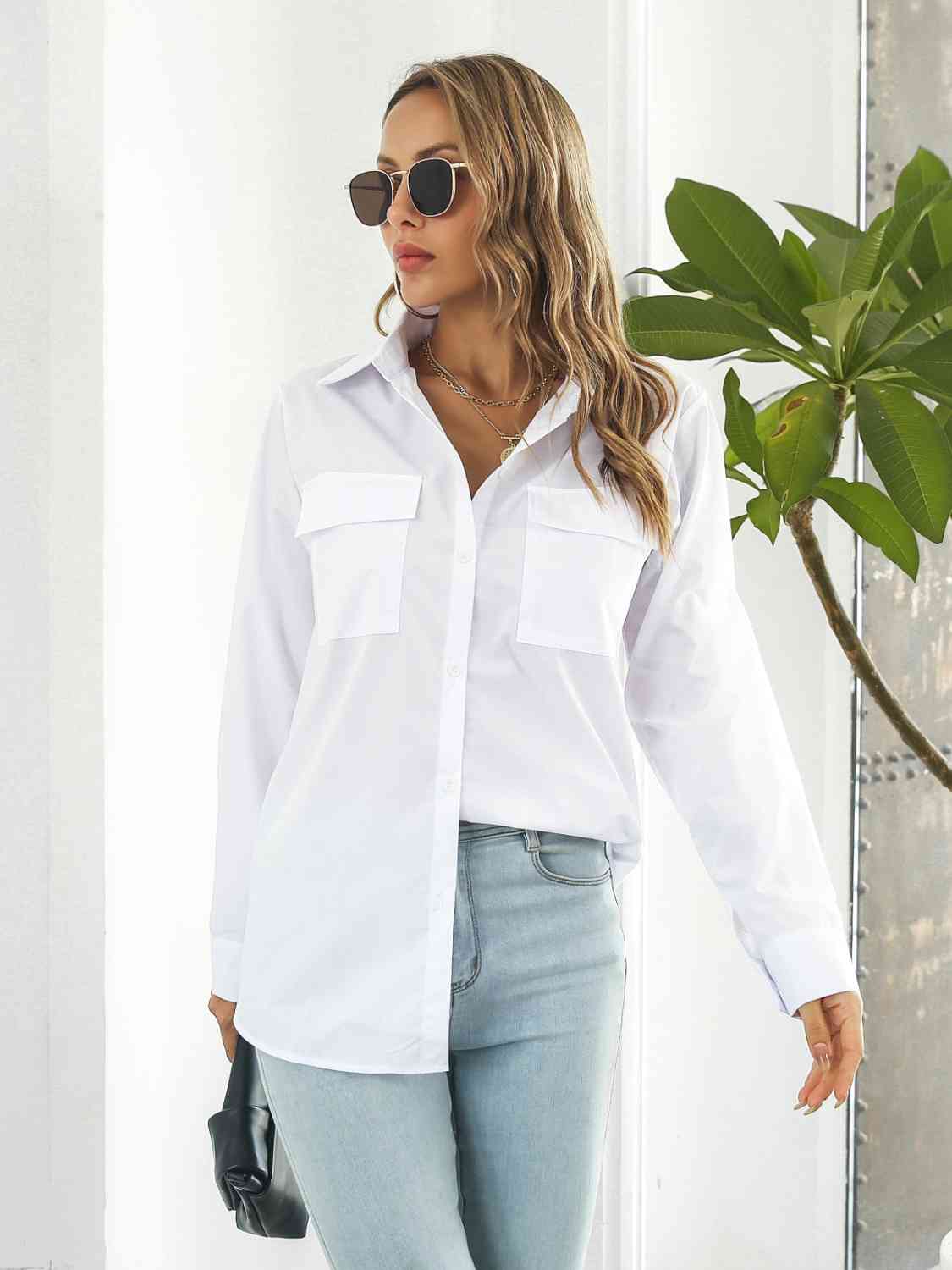 Collared Neck Buttoned Shirt with Pockets - TRENDMELO