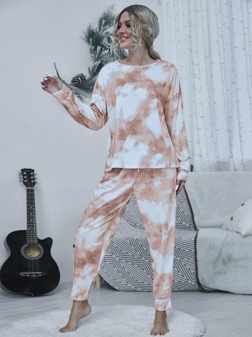 Tie-dye Round Neck Top and Drawstring Pants Lounge Set - TRENDMELO