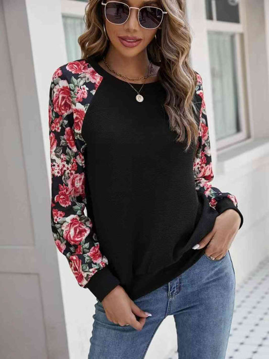 Floral Raglan Sleeve Round Neck Sweatshirt - TRENDMELO