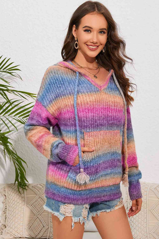 Multicolor Dropped Shoulder Hooded Sweater - TRENDMELO