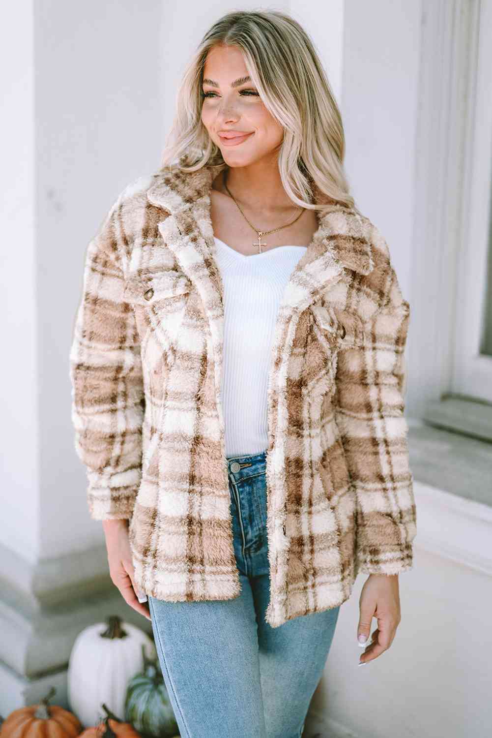 Plaid Collared Neck Jacket - TRENDMELO