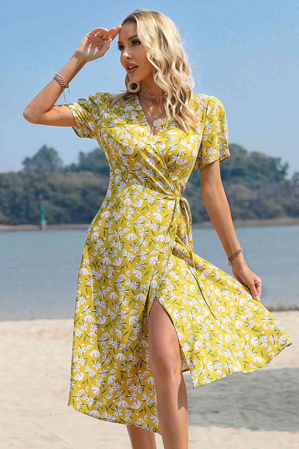 Floral Surplice Neck Short Sleeve Dress - TRENDMELO