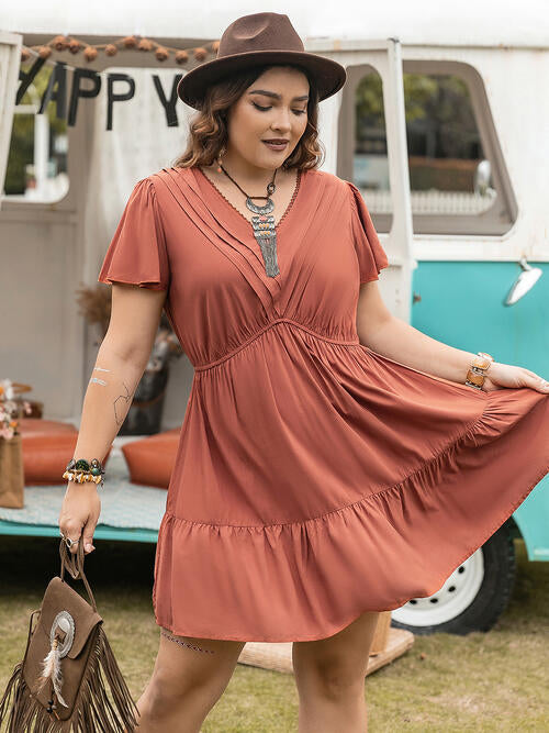 Double Take Plus Size Ruffle Hem V-Neck Short Sleeve Dress - TRENDMELO