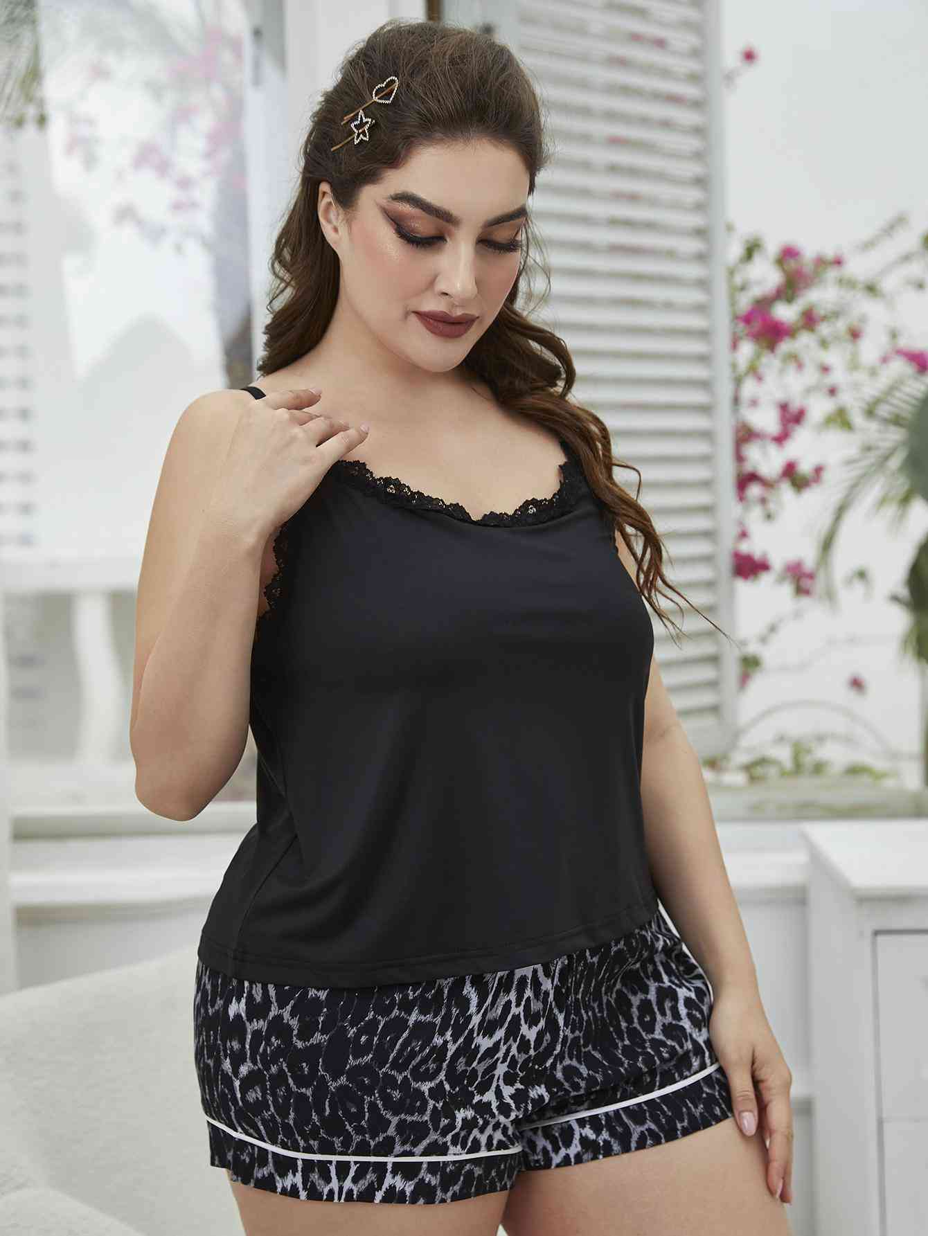 Plus Size Lace Trim Scoop Neck Cami and Printed Shorts Pajama Set - TRENDMELO