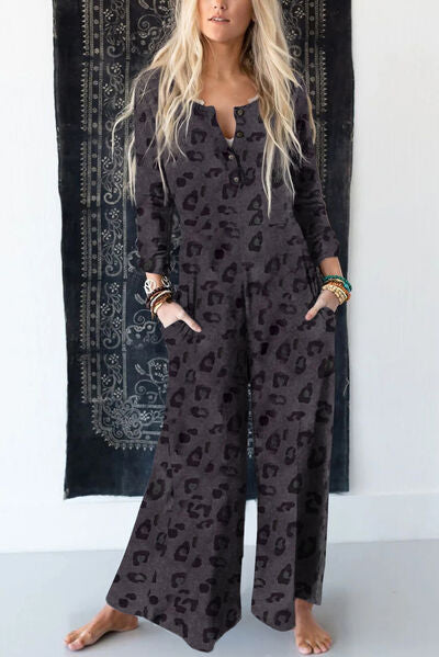 Leopard Buttoned Wide Leg Jumpsuit - TRENDMELO