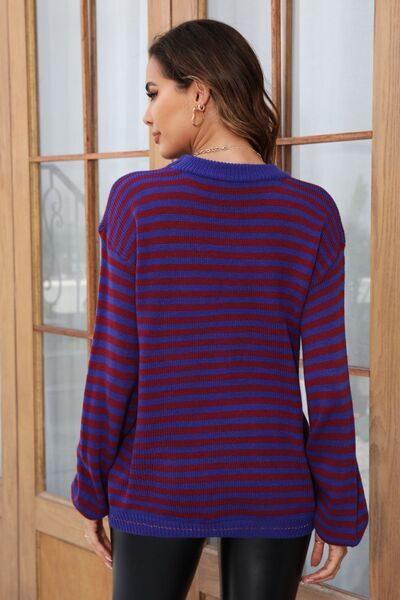 Striped Round Neck Dropped Shoulder Sweater - TRENDMELO