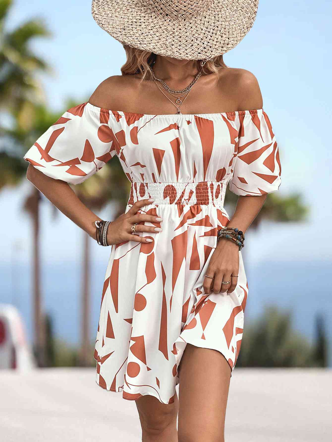 Printed Off-Shoulder Smocked Waist Dress - TRENDMELO