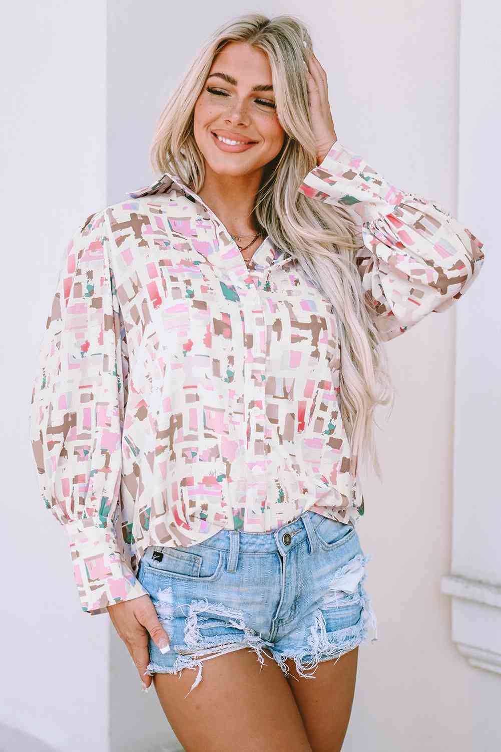 Printed Collared Neck Long Sleeve Shirt - TRENDMELO