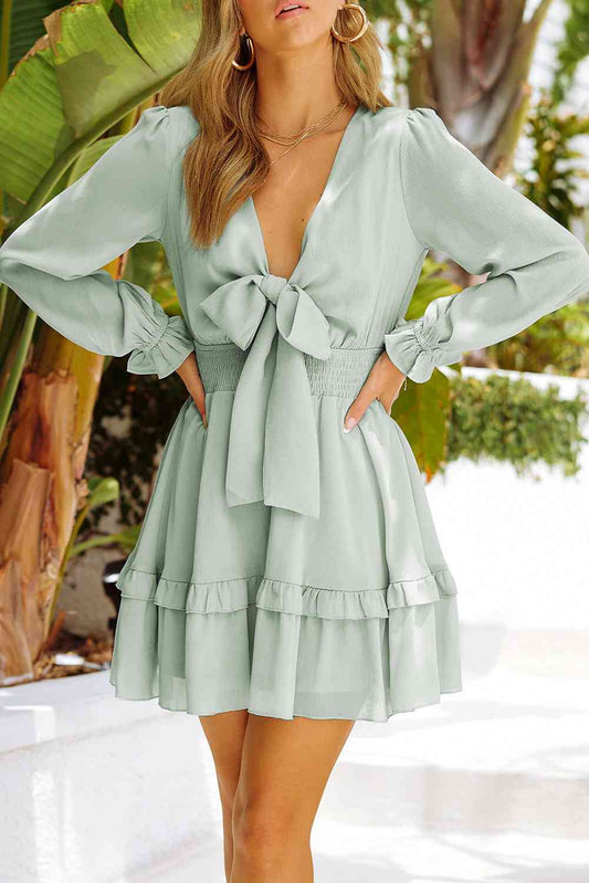 Tied Plunge Smocked Waist Flounce Sleeve Dress - TRENDMELO