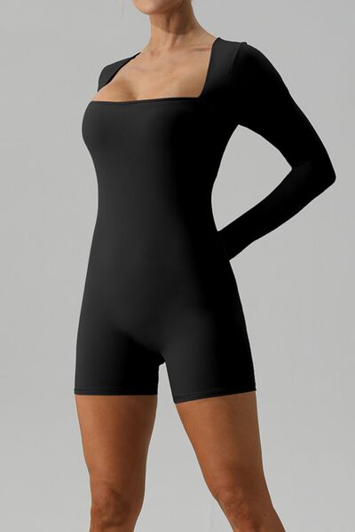 Square Neck Long Sleeve Active Romper - TRENDMELO