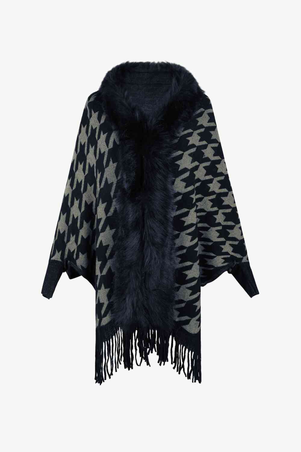 Houndstooth Fringe Hem Poncho - TRENDMELO